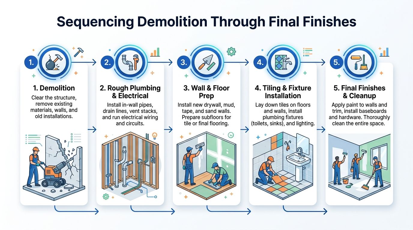An infographic showing the five-step sequence of a bathroom renovation from demolition to final cleaning.