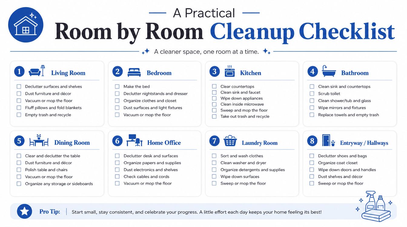 A detailed checklist for cleaning every room in a house, presented as an organized infographic.