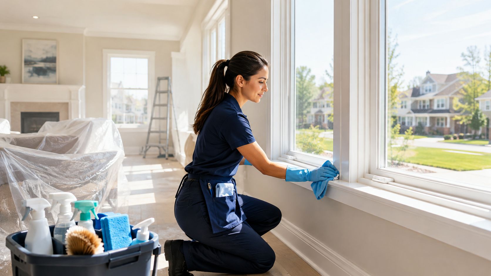 A professional cleaner wearing blue gloves wipes a window frame in a room undergoing post-construction cleaning.