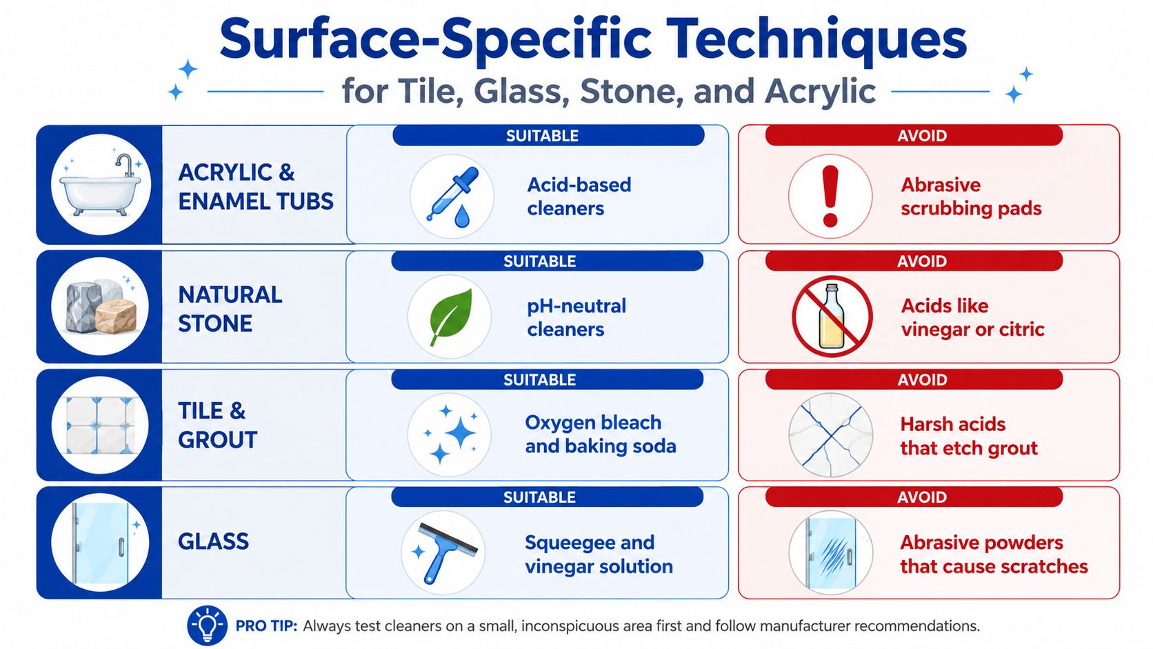 A chart detailing cleaning techniques for surfaces including tubs, stone, tile, grout, and glass surfaces.