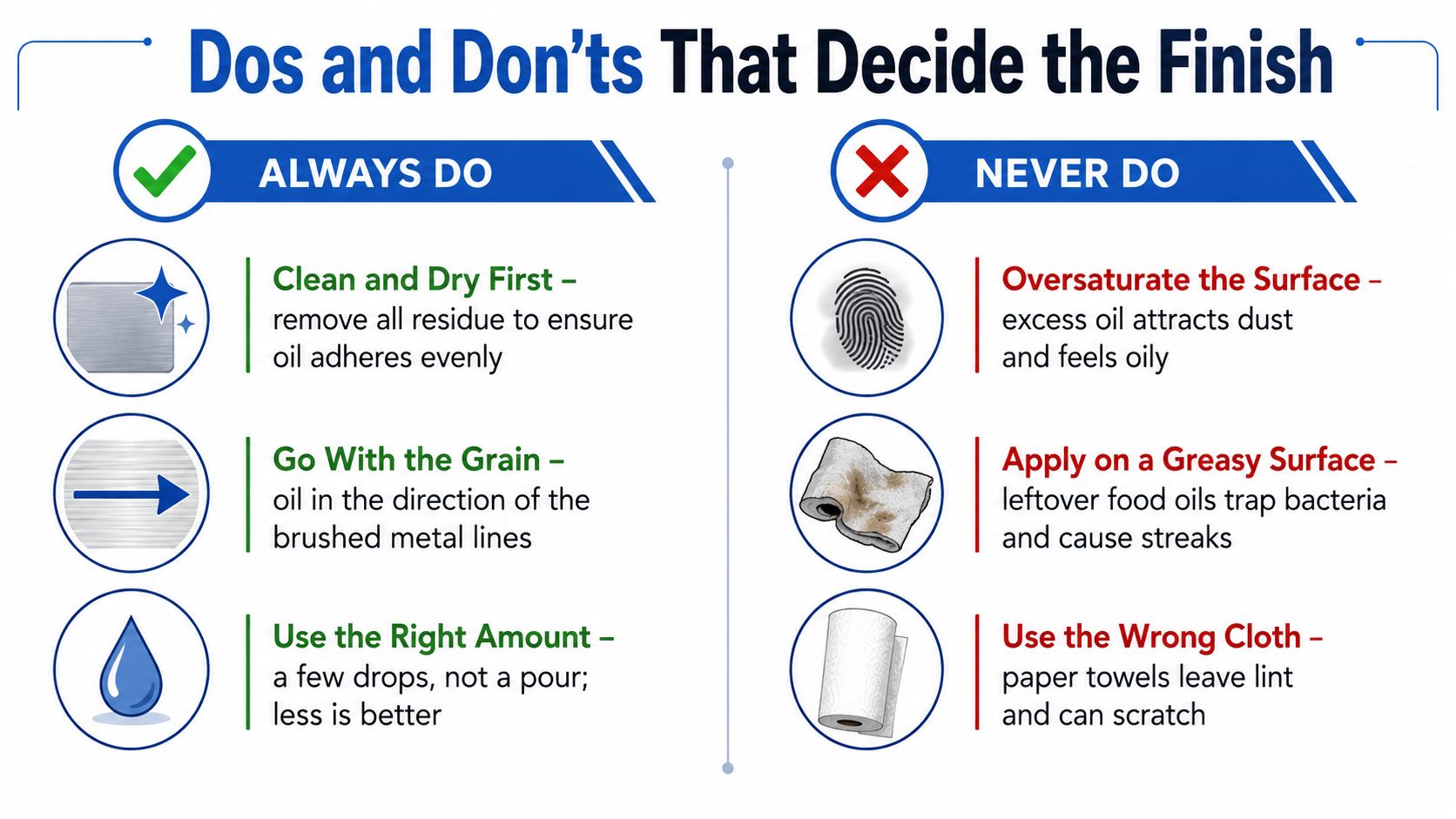 An infographic titled Dos and Don'ts for cleaning stainless steel, listing essential tips and common mistakes.
