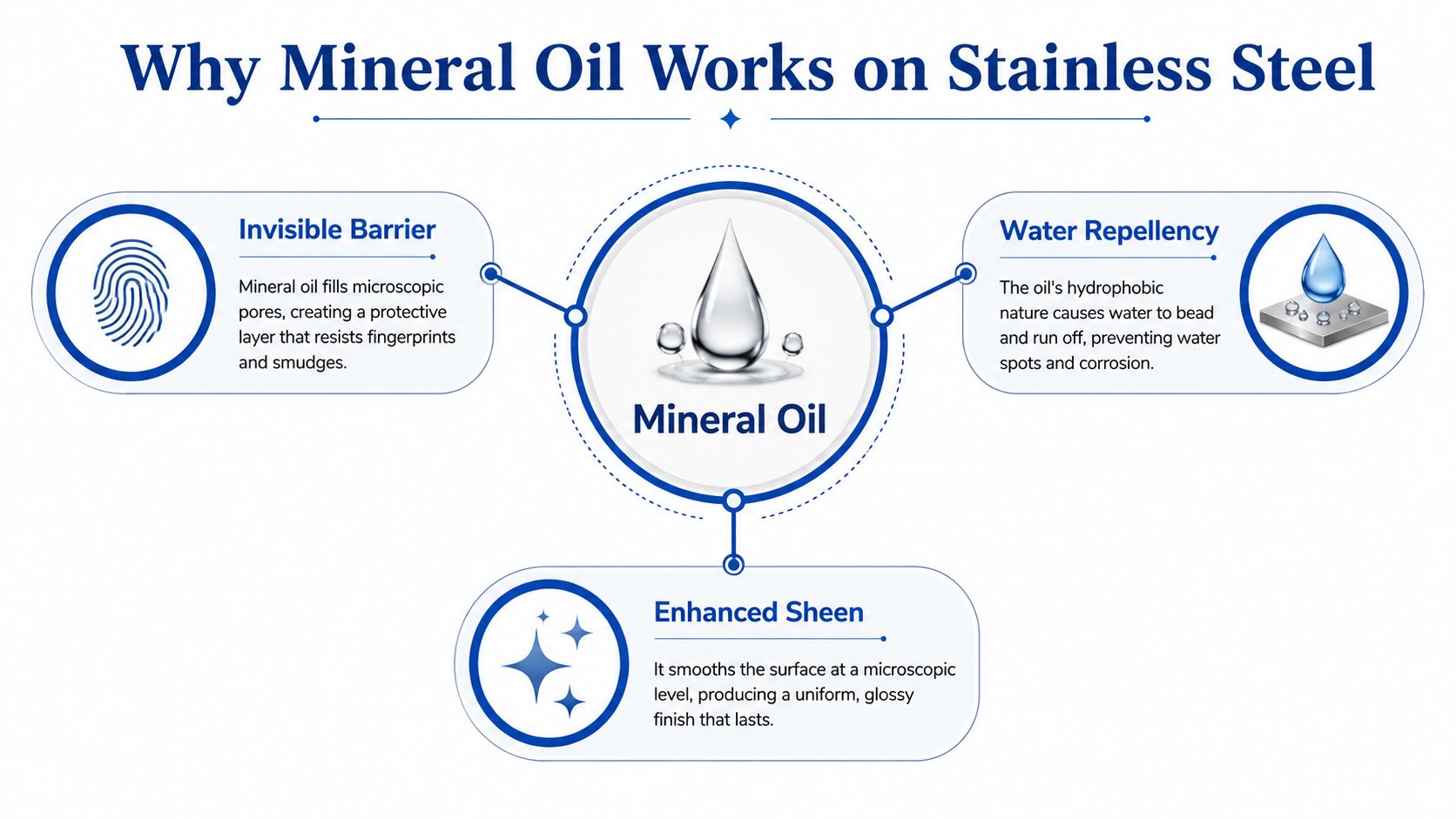 A diagram explaining how mineral oil works to protect and enhance the surface of stainless steel.