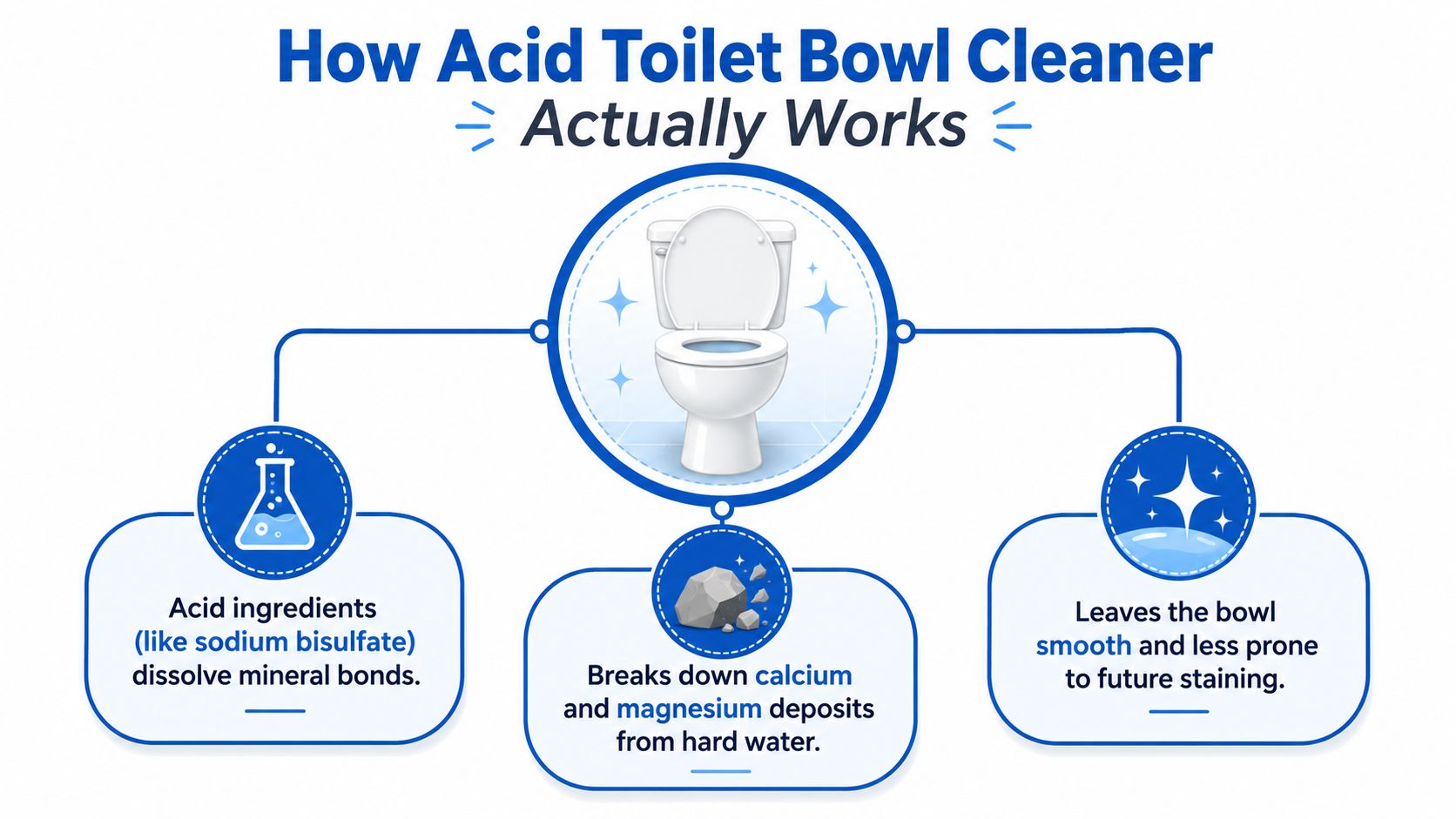 An infographic illustration explaining the chemical cleaning process of acid-based toilet bowl cleaners on mineral deposits.