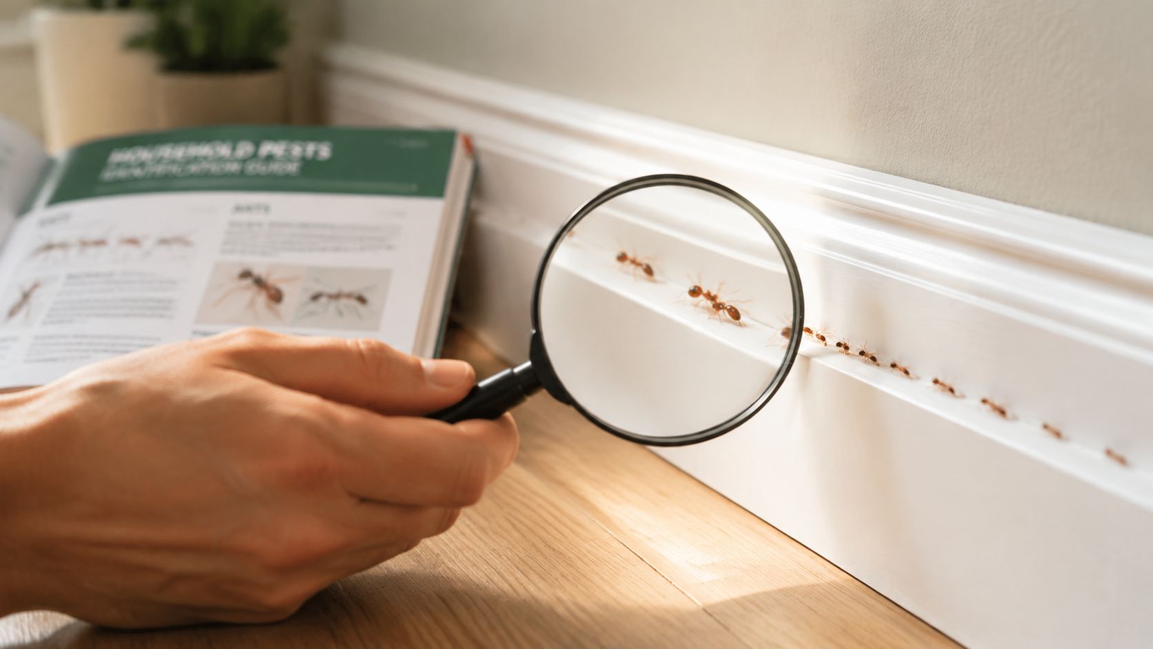 A person using a magnifying glass to inspect a line of red ants crawling along a baseboard.