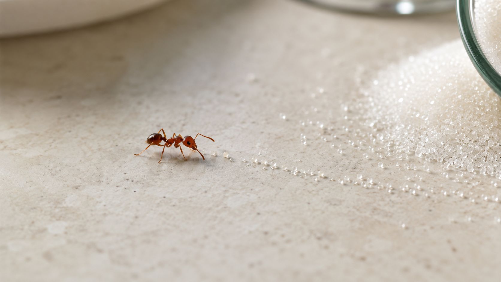A close-up view of a single red ant walking towards a small pile of spilled white sugar