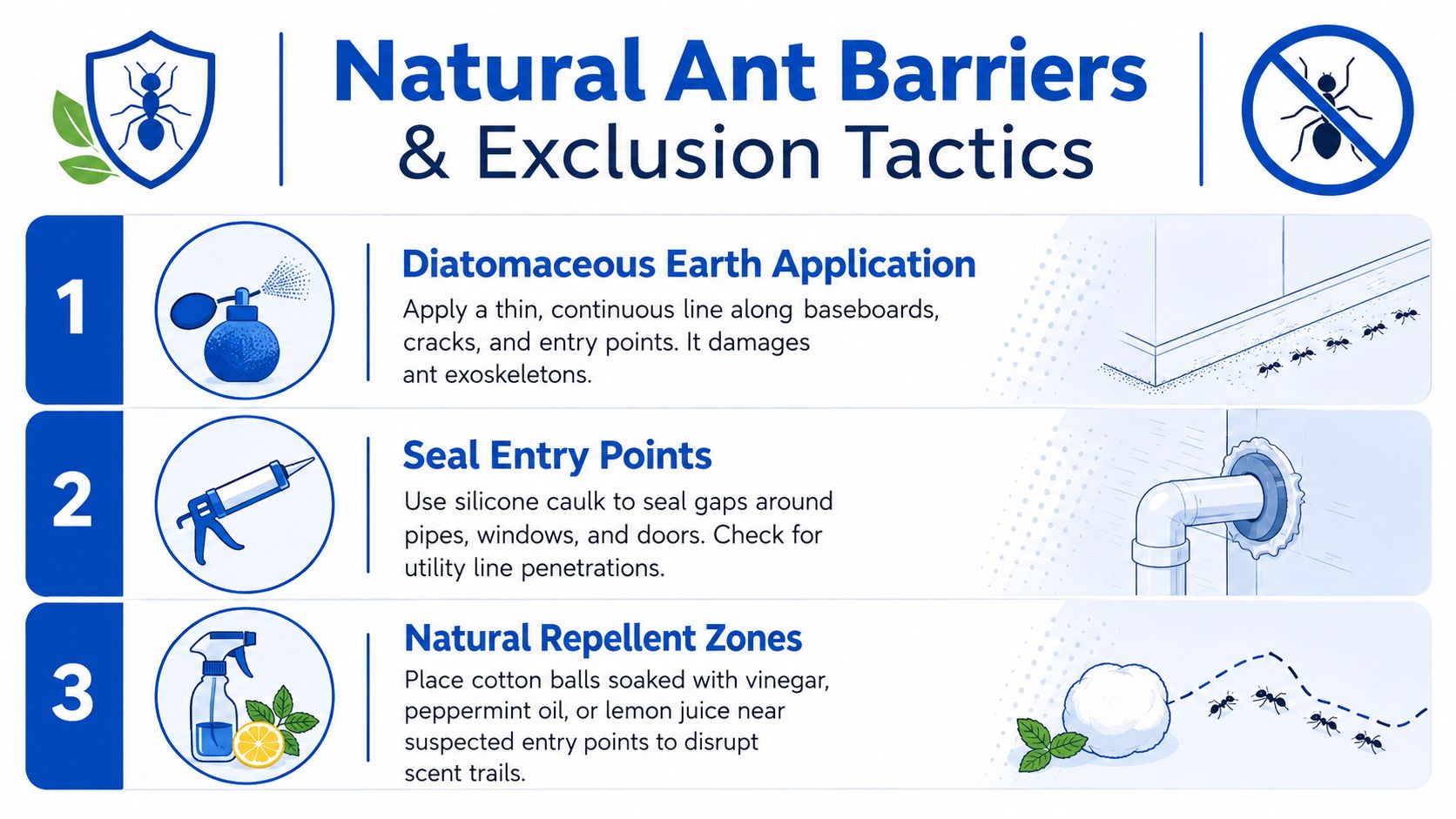 An infographic showing three natural ant barrier and exclusion tactics including diatomaceous earth, sealing entry points, and repellents.