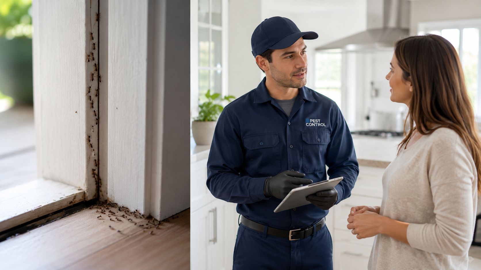 A pest control professional talks with a homeowner in her kitchen about a red ant infestation.