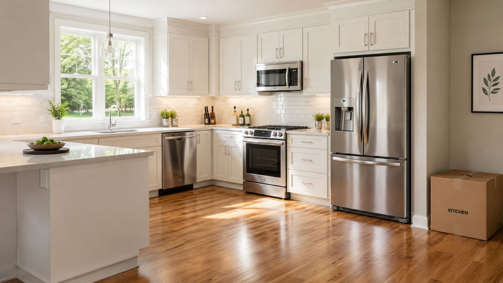 A clean, modern kitchen with white cabinetry, stainless steel appliances, and a cardboard moving box on the floor.