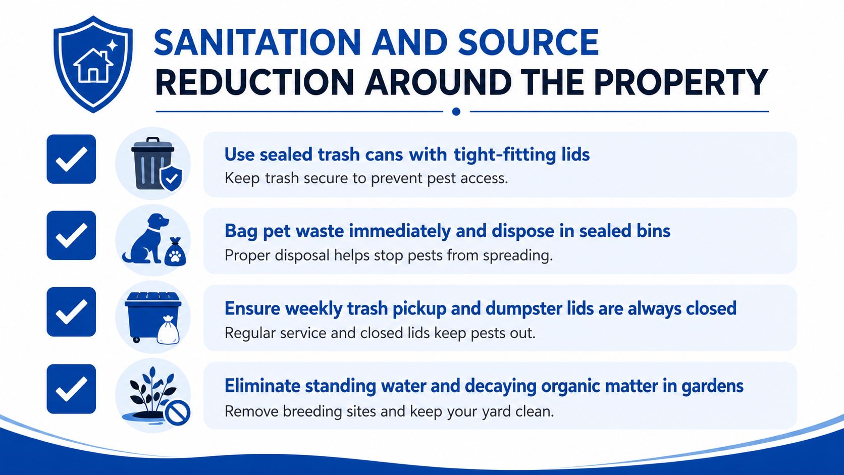 An infographic detailing sanitation tips for property owners to reduce pests, including trash management and garden care.