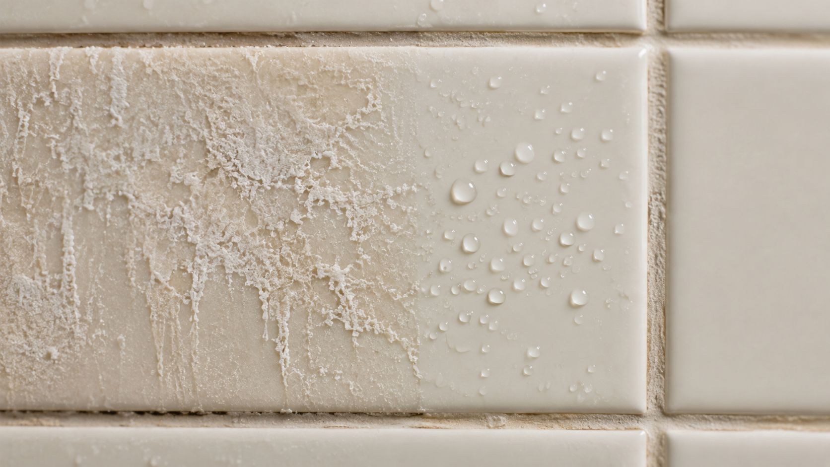 Close up view comparing clean tile with water droplets against tile covered in heavy hard water stains.