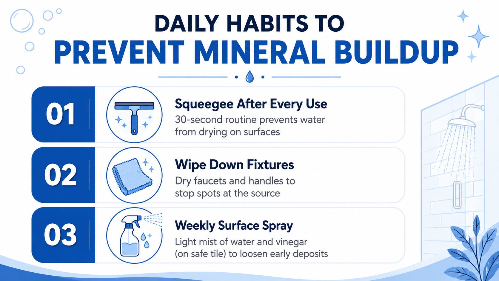 An infographic titled Daily Habits to Prevent Mineral Buildup showing three tips with icons for shower maintenance.