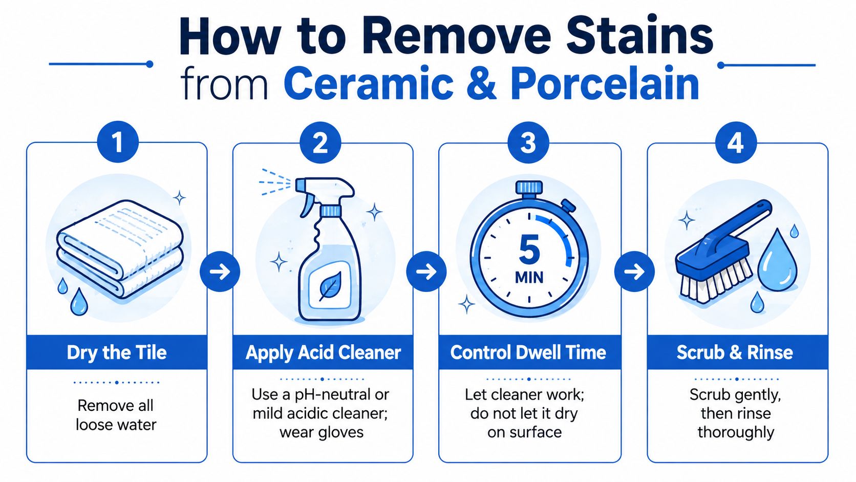 A step-by-step instructional infographic on how to remove stains from ceramic and porcelain tiles safely.