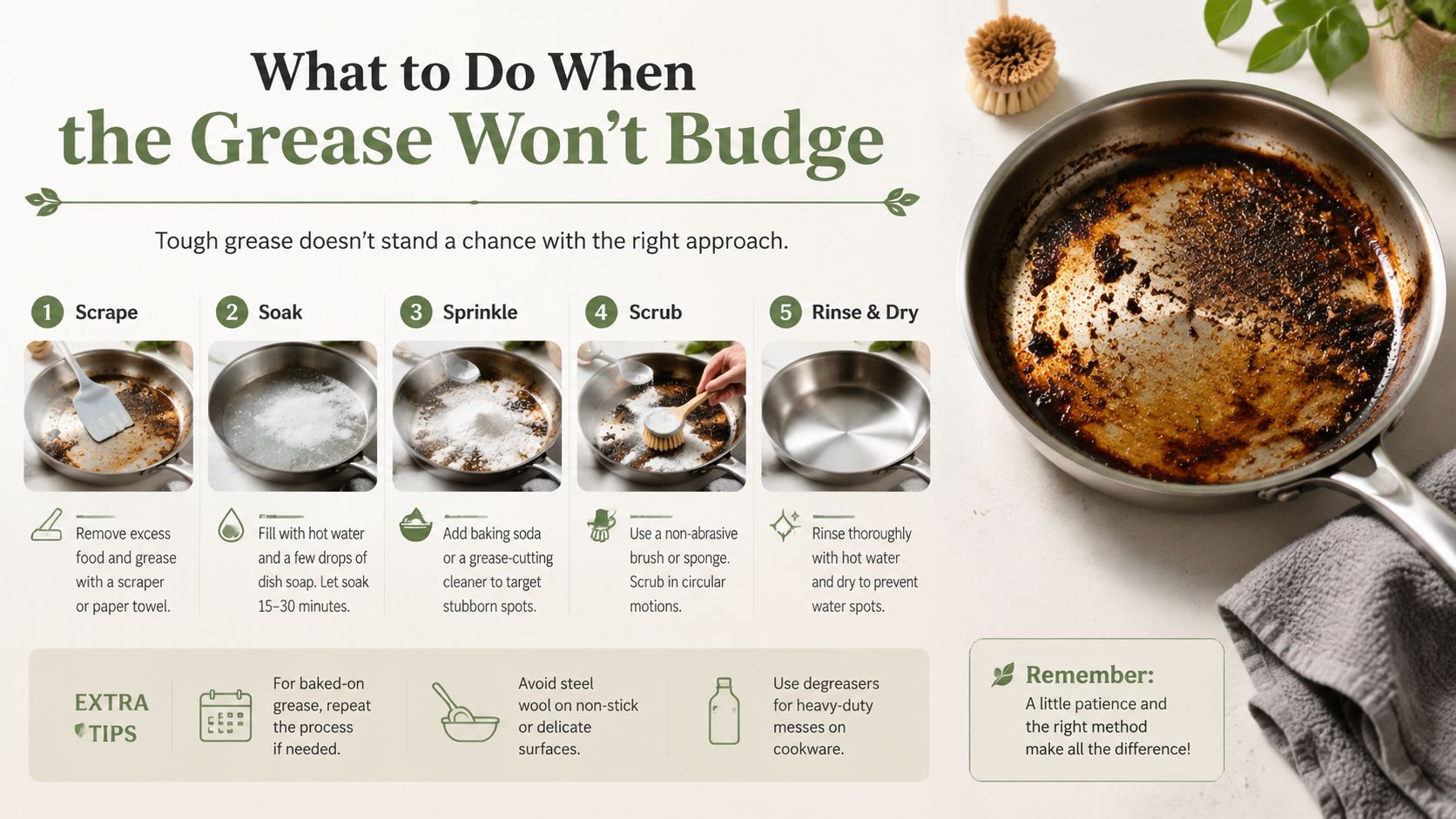 A step-by-step instructional infographic showing how to clean stubborn grease from a dirty stainless steel pan.
