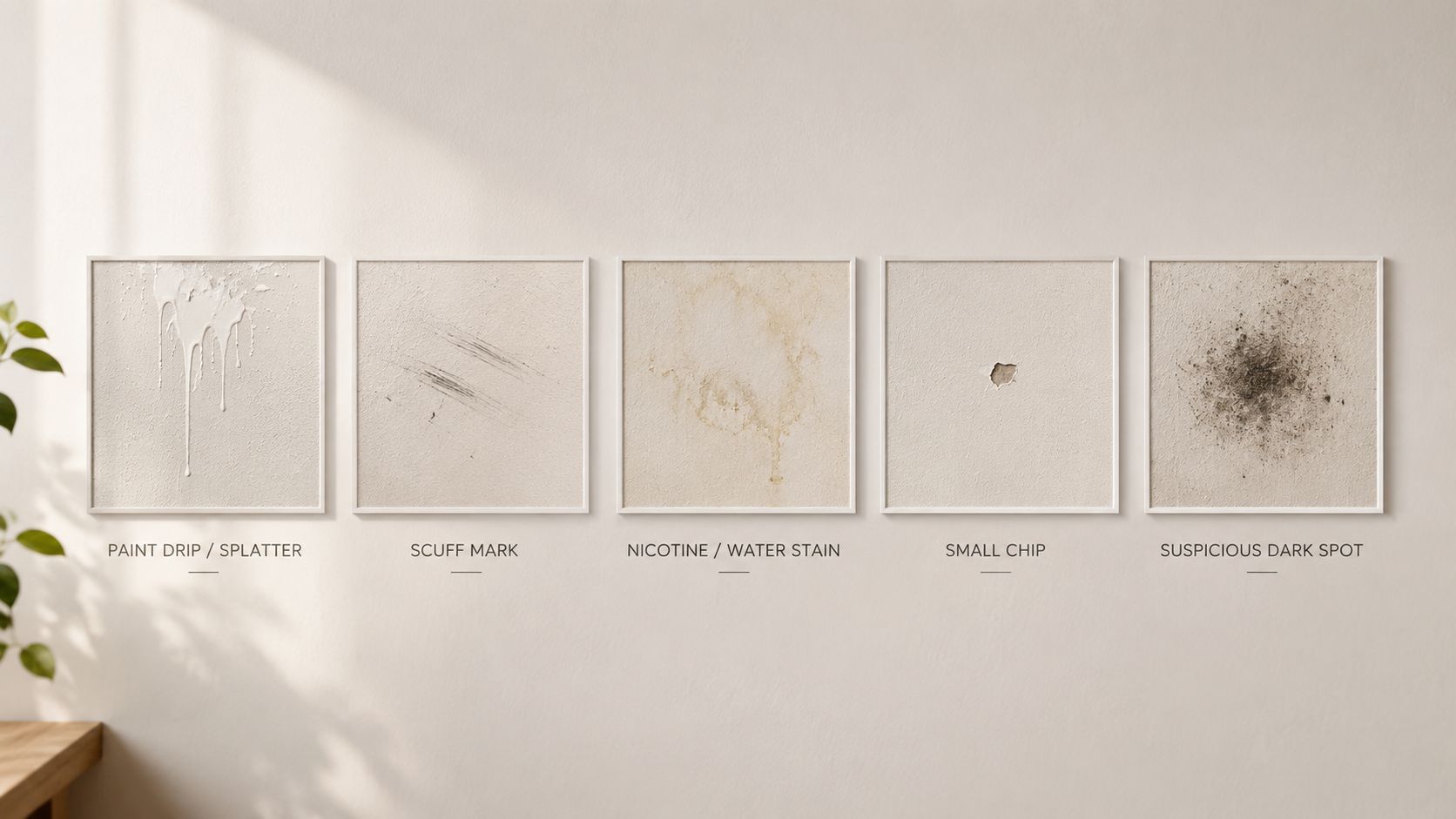 Five framed squares displaying common wall damages including paint drips, scuff marks, water stains, chips, and spots.