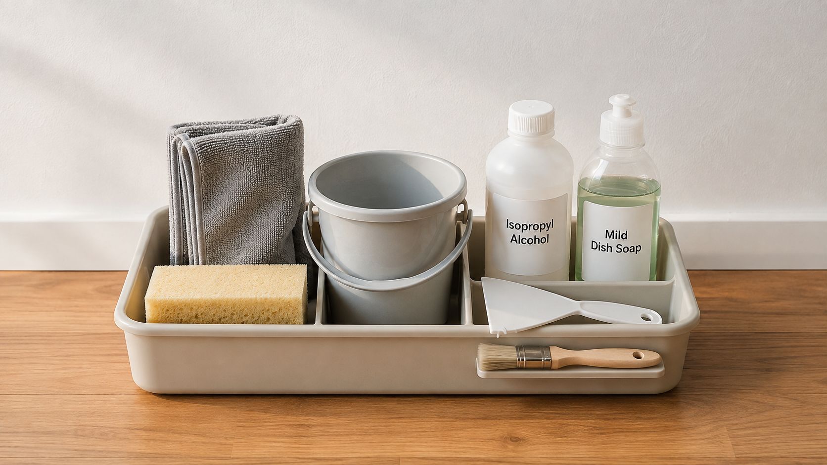 A tan plastic caddy containing cleaning supplies including a gray towel, sponge, bucket, bottles, and brushes.