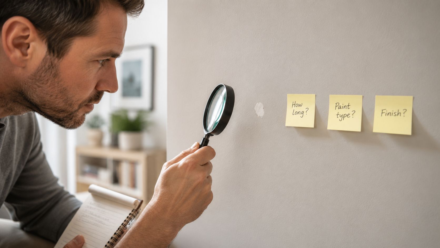 A man examines a small paint spot on a wall with a magnifying glass and notepad.