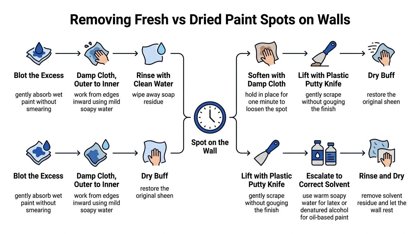 An instructional infographic detailing step-by-step methods for cleaning both fresh and dried paint spots off walls.