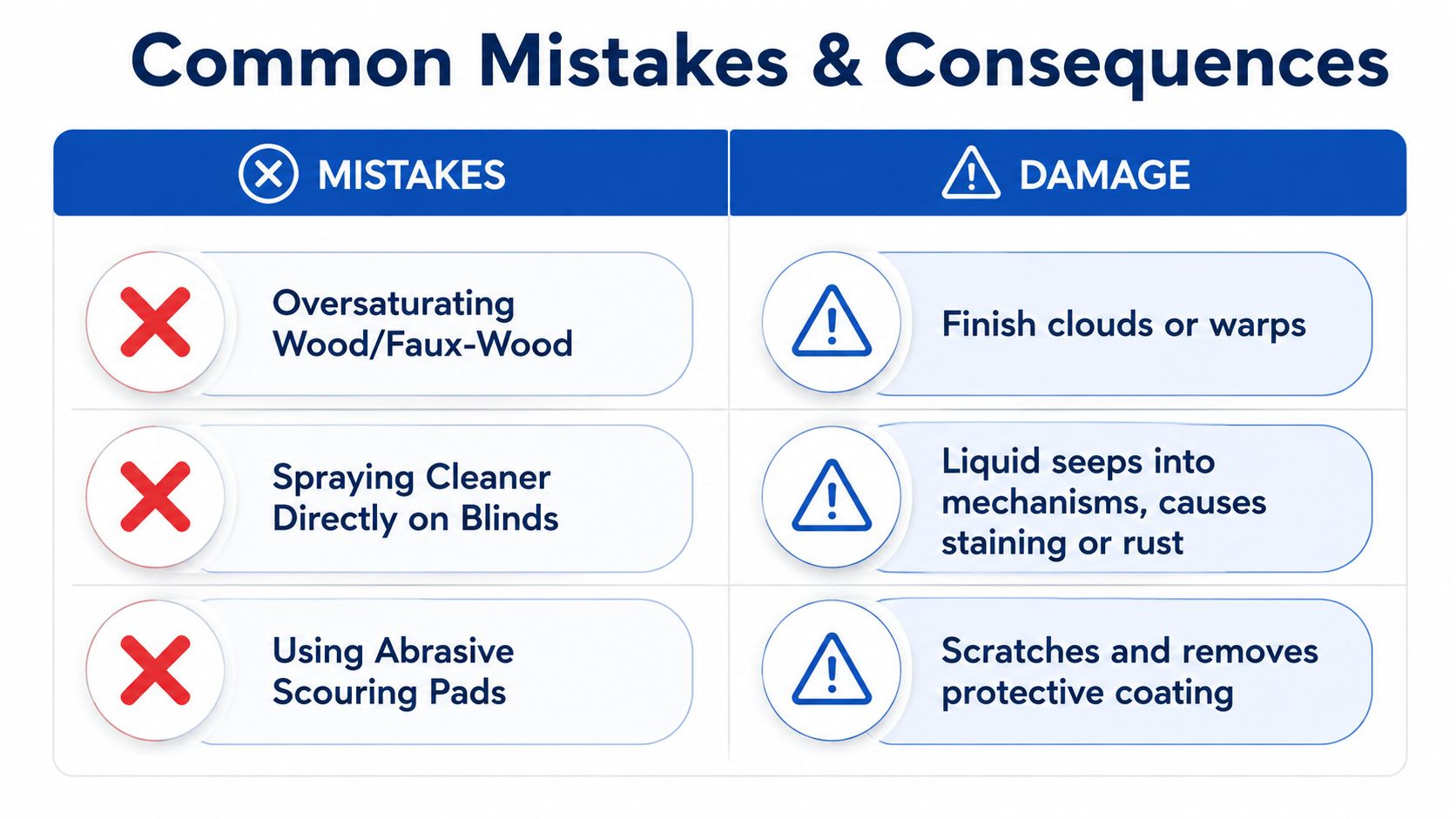 A chart detailing common mistakes when cleaning blinds and the resulting damage caused to the window coverings.