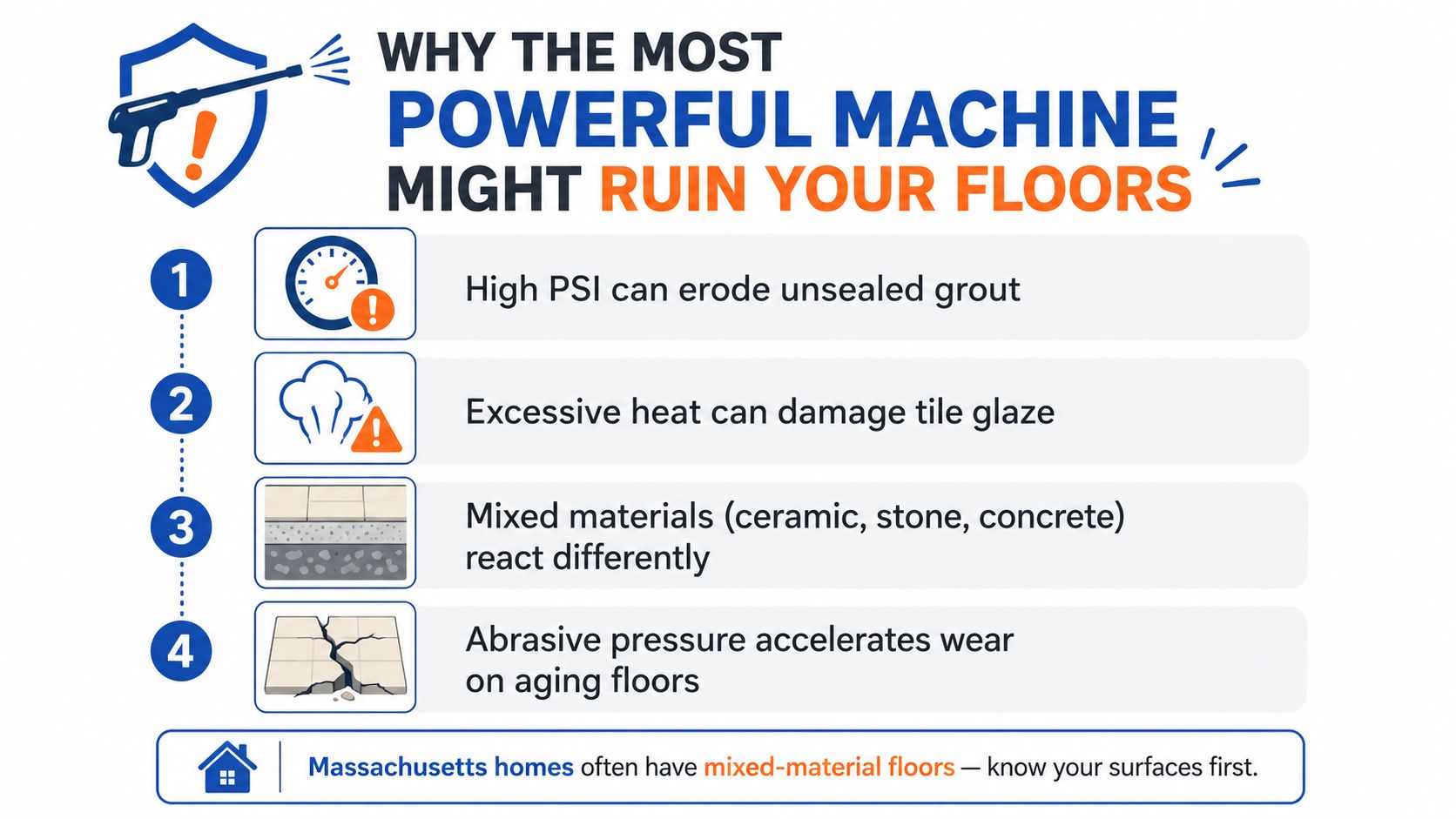 An infographic showing four reasons why powerful pressure cleaning machines can damage different types of residential floors.