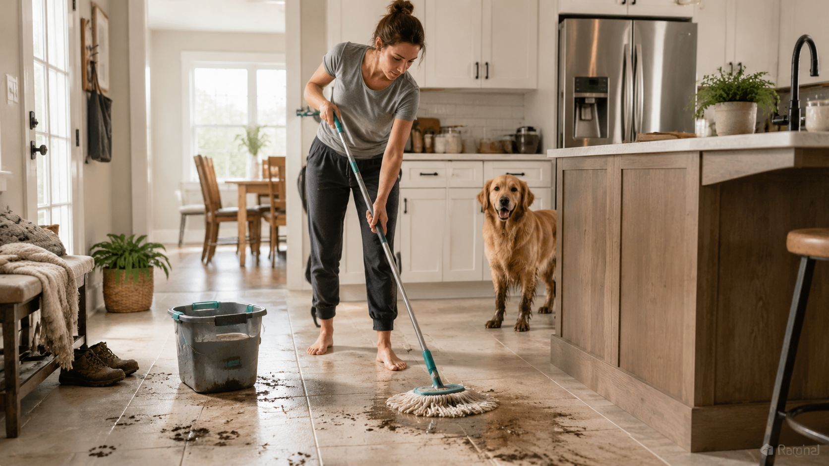 A woman mopping muddy floor stains in her kitchen while a golden retriever stands nearby.