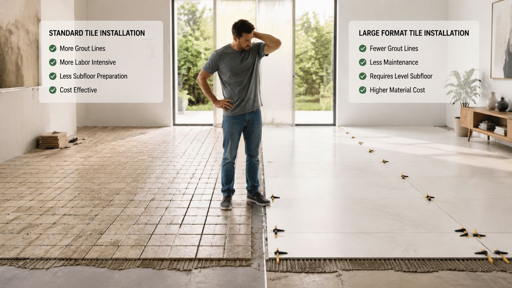 A man comparing standard small tile installation with large format tile installation in a home room renovation.