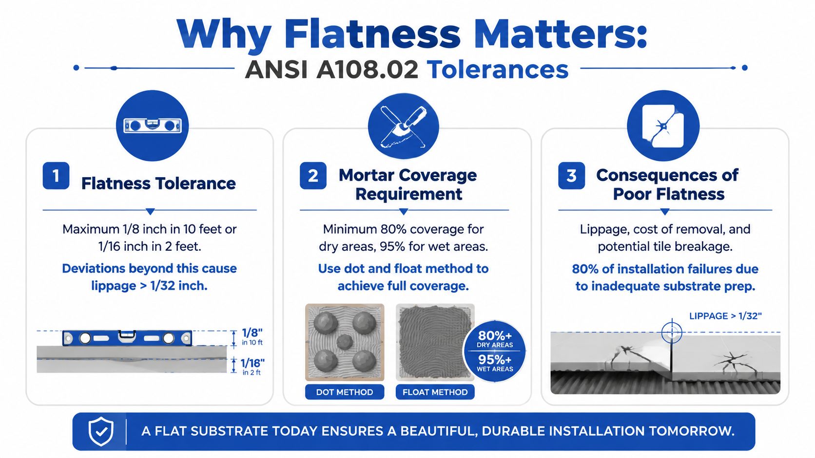 An infographic showing ANSI A108.02 standards for flatness tolerances, mortar coverage, and consequences of poor tile installation.