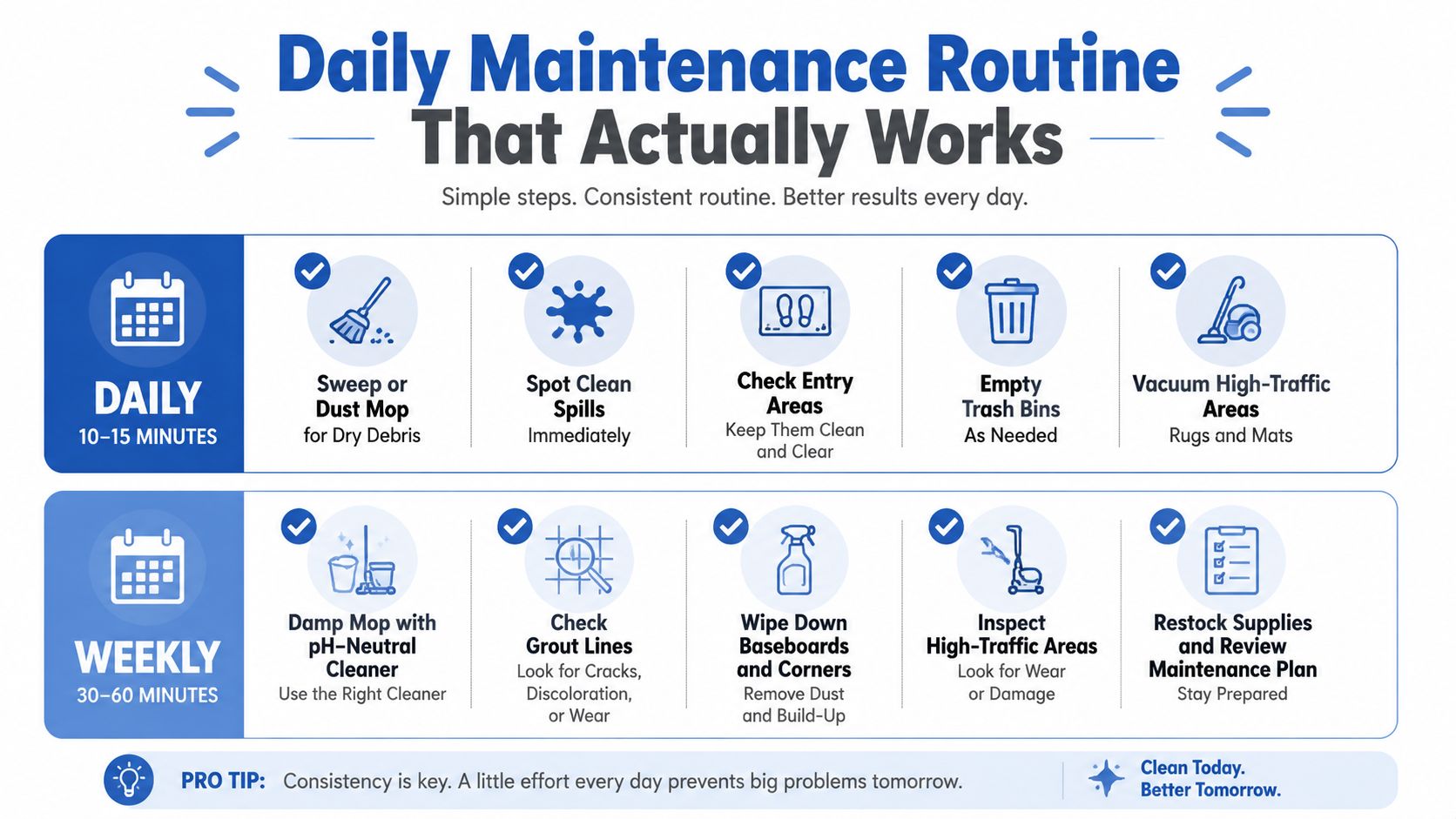 An infographic detailing a daily and weekly maintenance routine schedule for cleaning porcelain tile floors effectively.