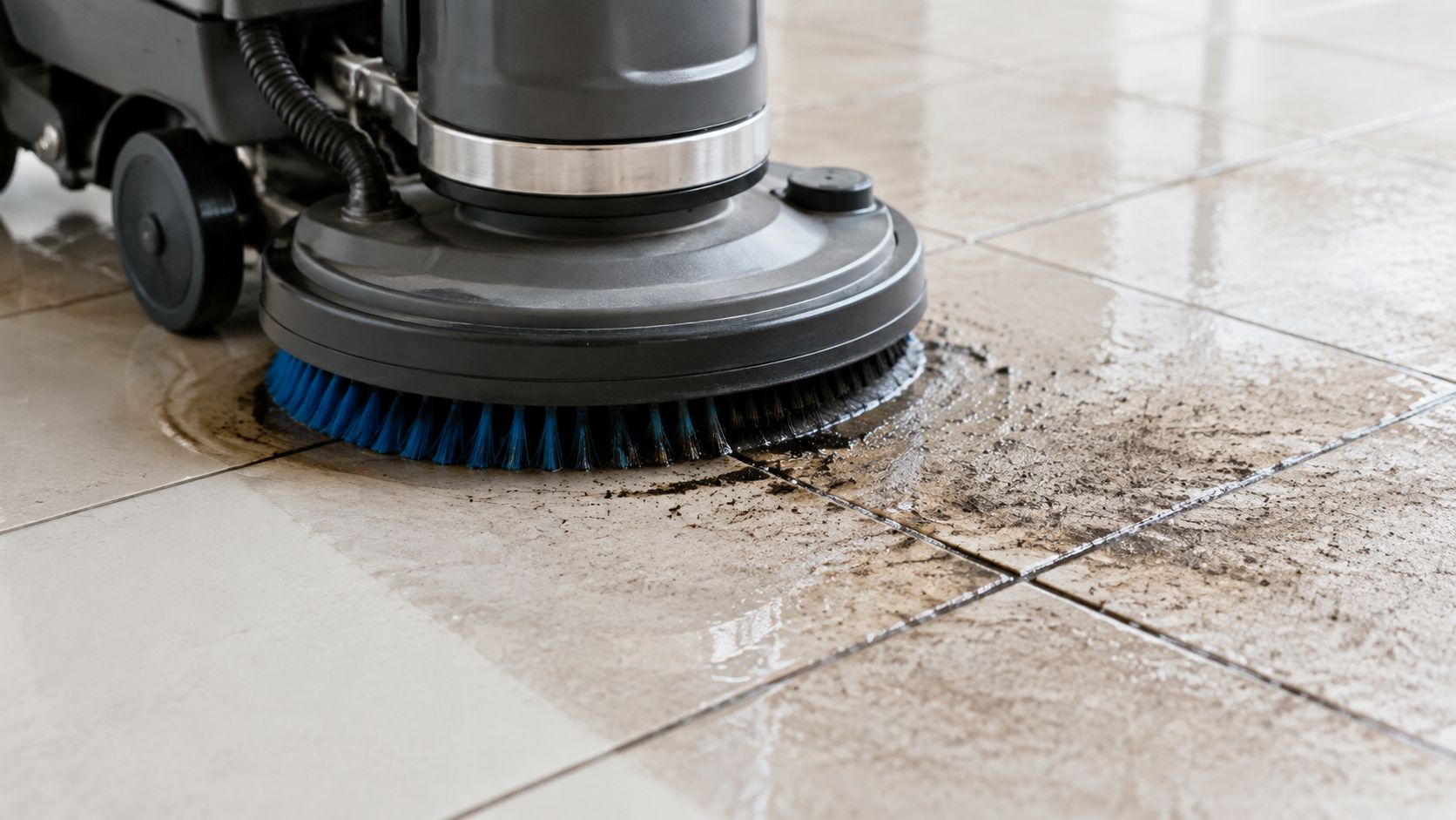 A commercial floor scrubber cleaning dirty porcelain tiles in an industrial setting with water and bristles.