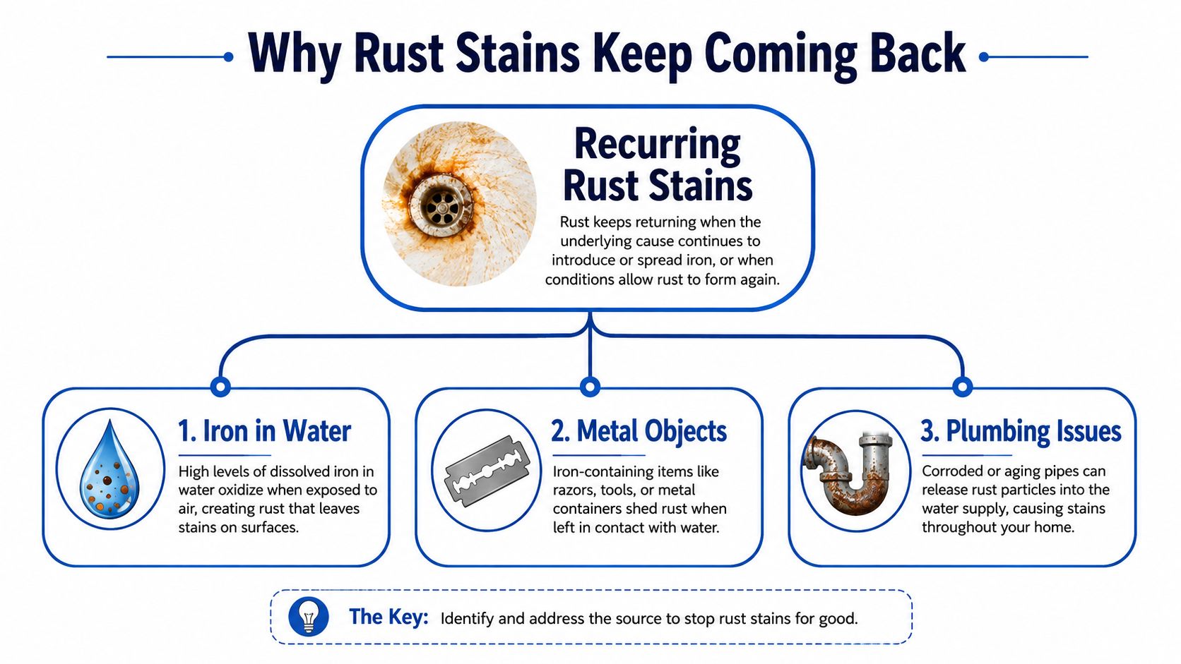 An infographic showing three main causes for recurring rust stains in sinks, including iron-rich water, metal objects, and plumbing corrosion.