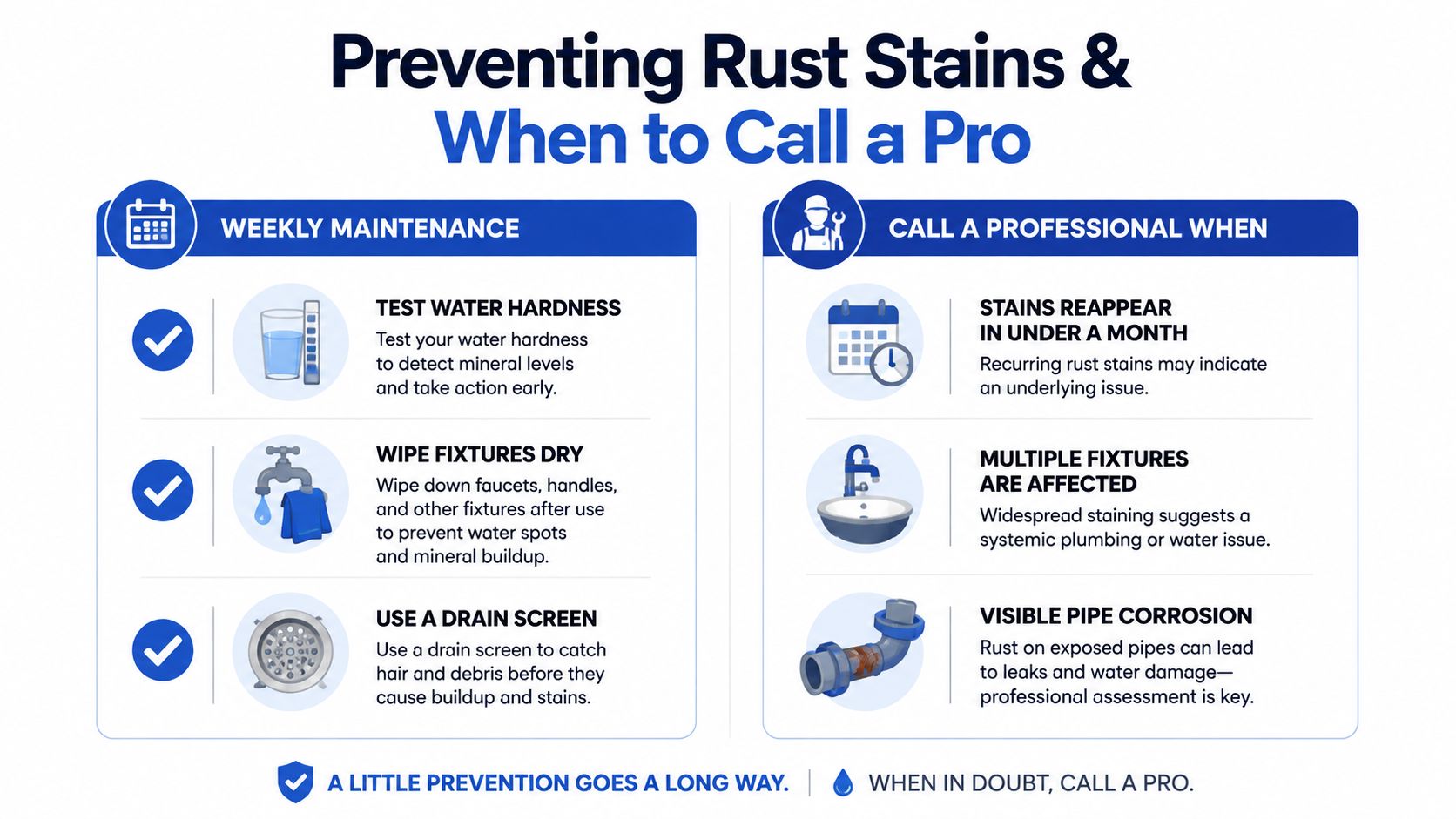An infographic detailing weekly maintenance tips to prevent rust stains and signs that require professional plumbing assistance.
