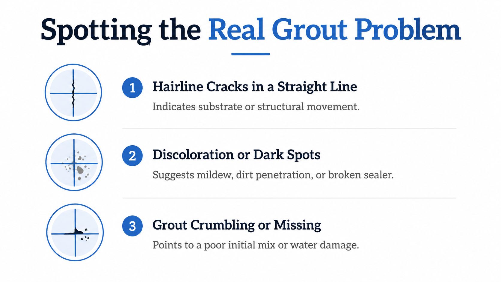 A visual guide identifying three common grout problems with clear illustrations and explanatory descriptions for homeowners.