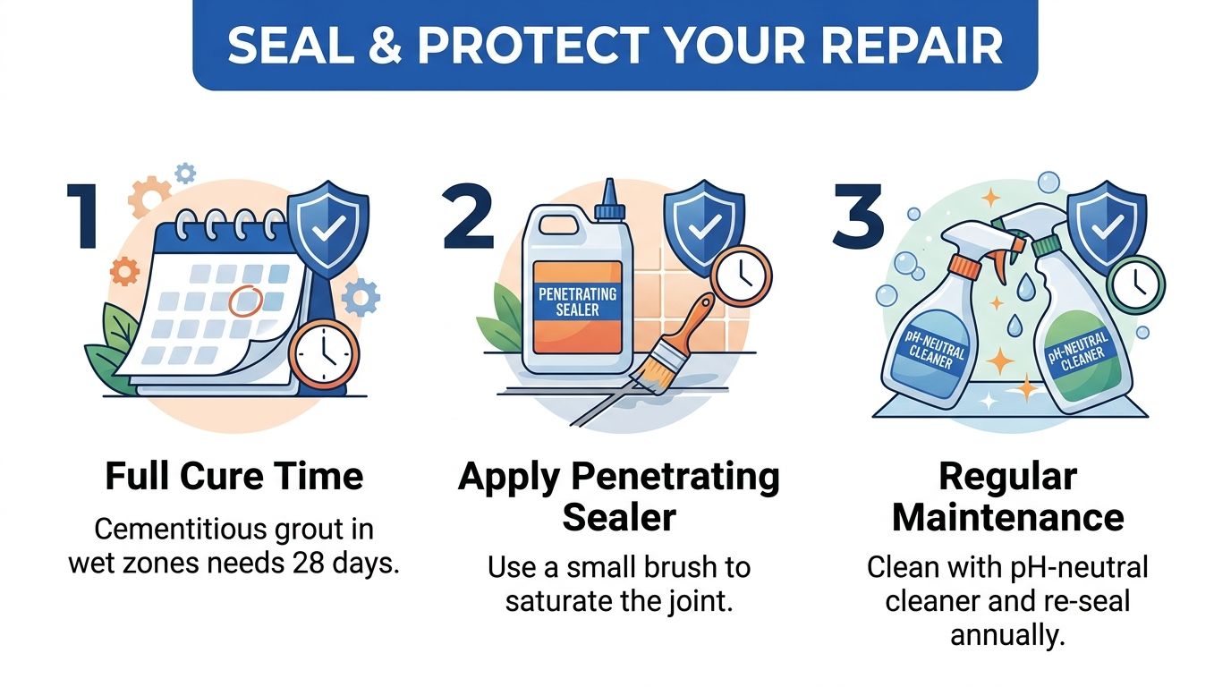 An infographic showing three steps to seal and protect tile grout after repair including curing and cleaning.