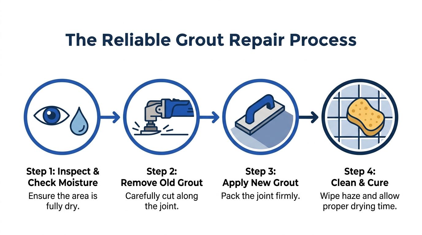 A four-step infographic illustrating the reliable grout repair process for maintaining home tile installations.