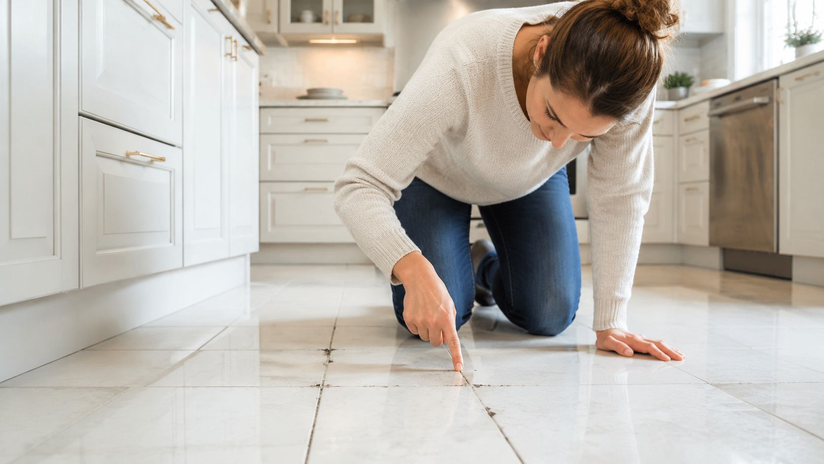 A woman kneeling on a tiled kitchen floor, pointing at dirty grout lines needing repair and cleaning.