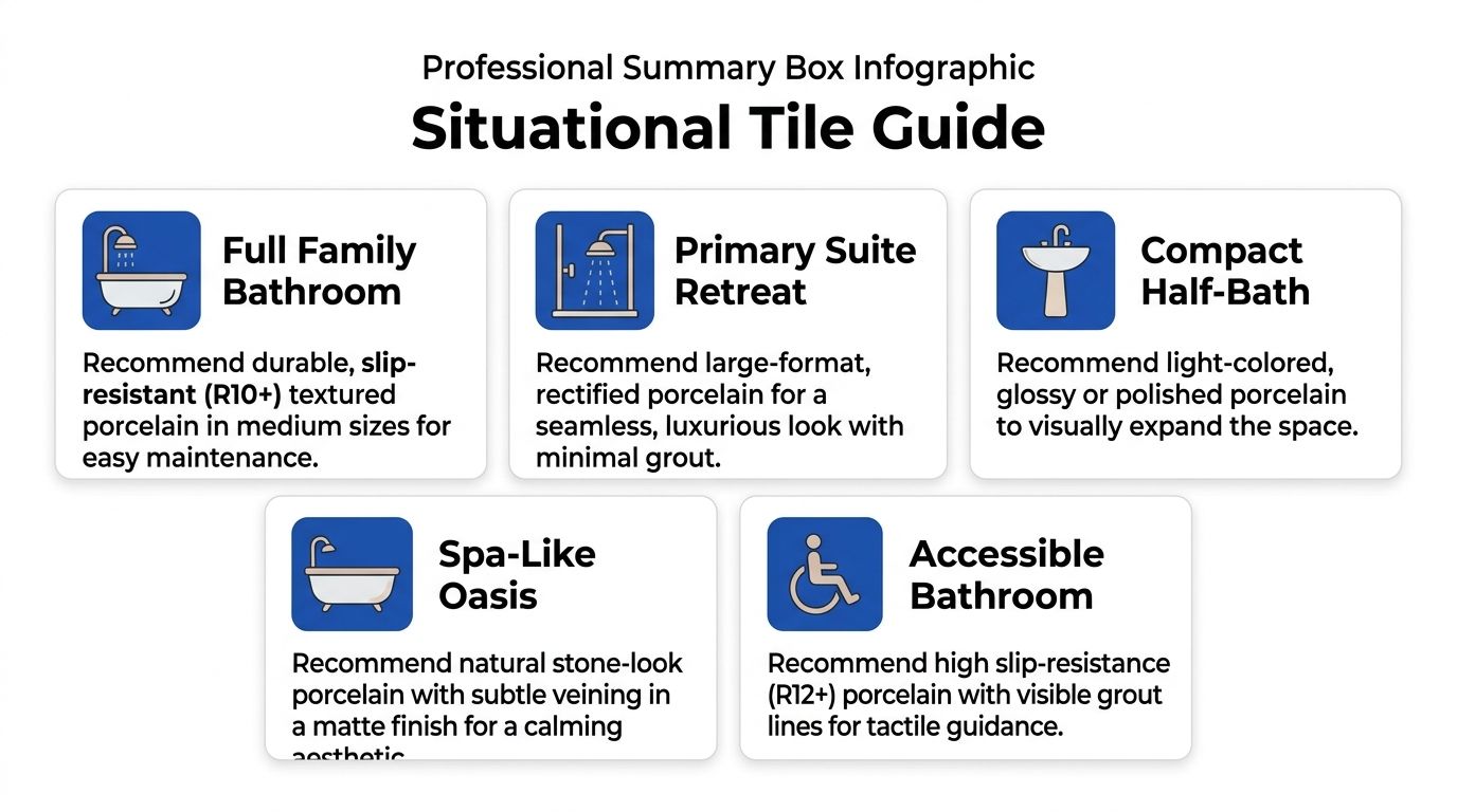 An infographic titled Situational Tile Guide offering porcelain tile recommendations for various bathroom styles and accessibility needs.