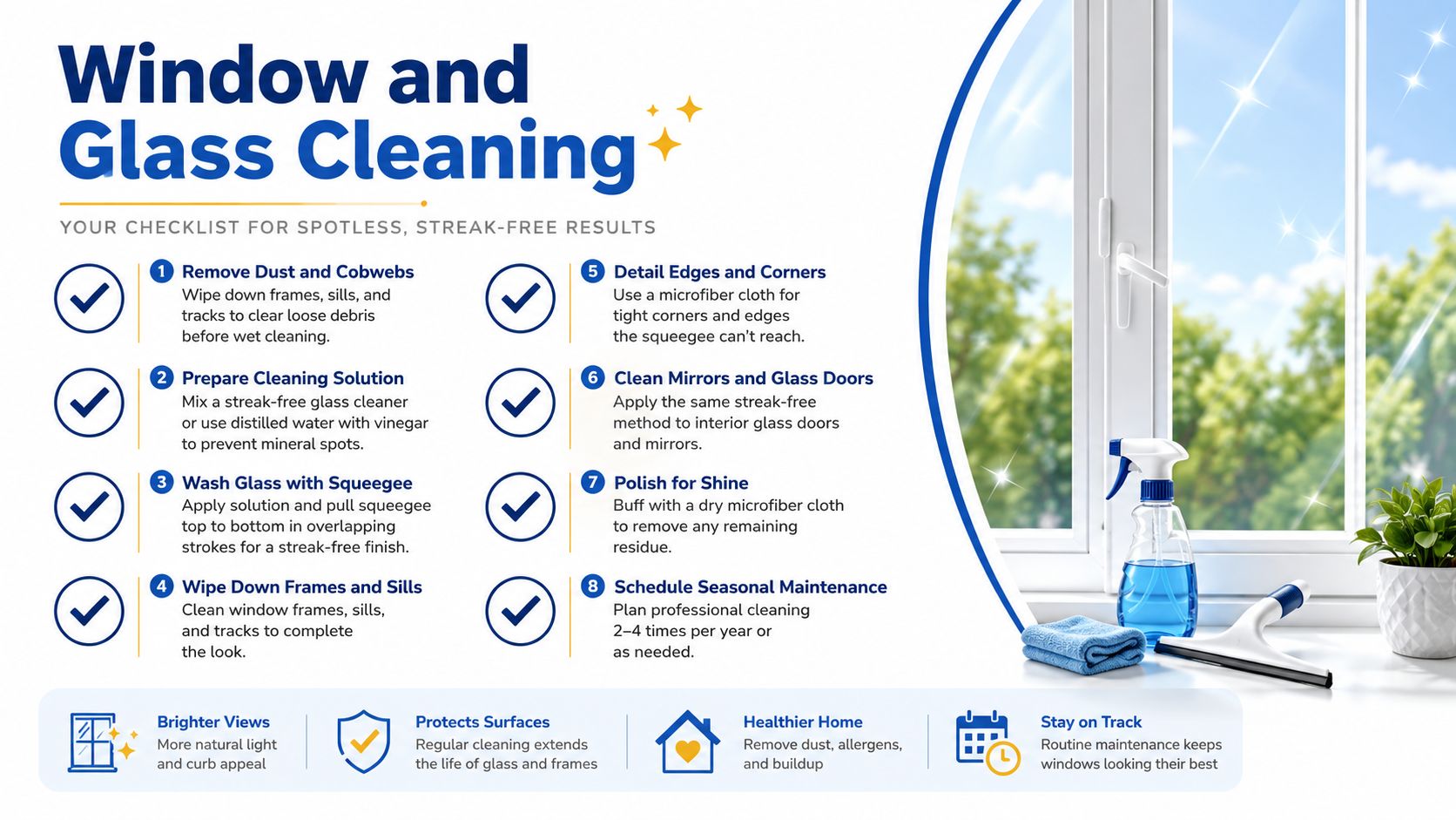 An instructional infographic titled Window and Glass Cleaning providing an eight-step checklist for spotless window maintenance.