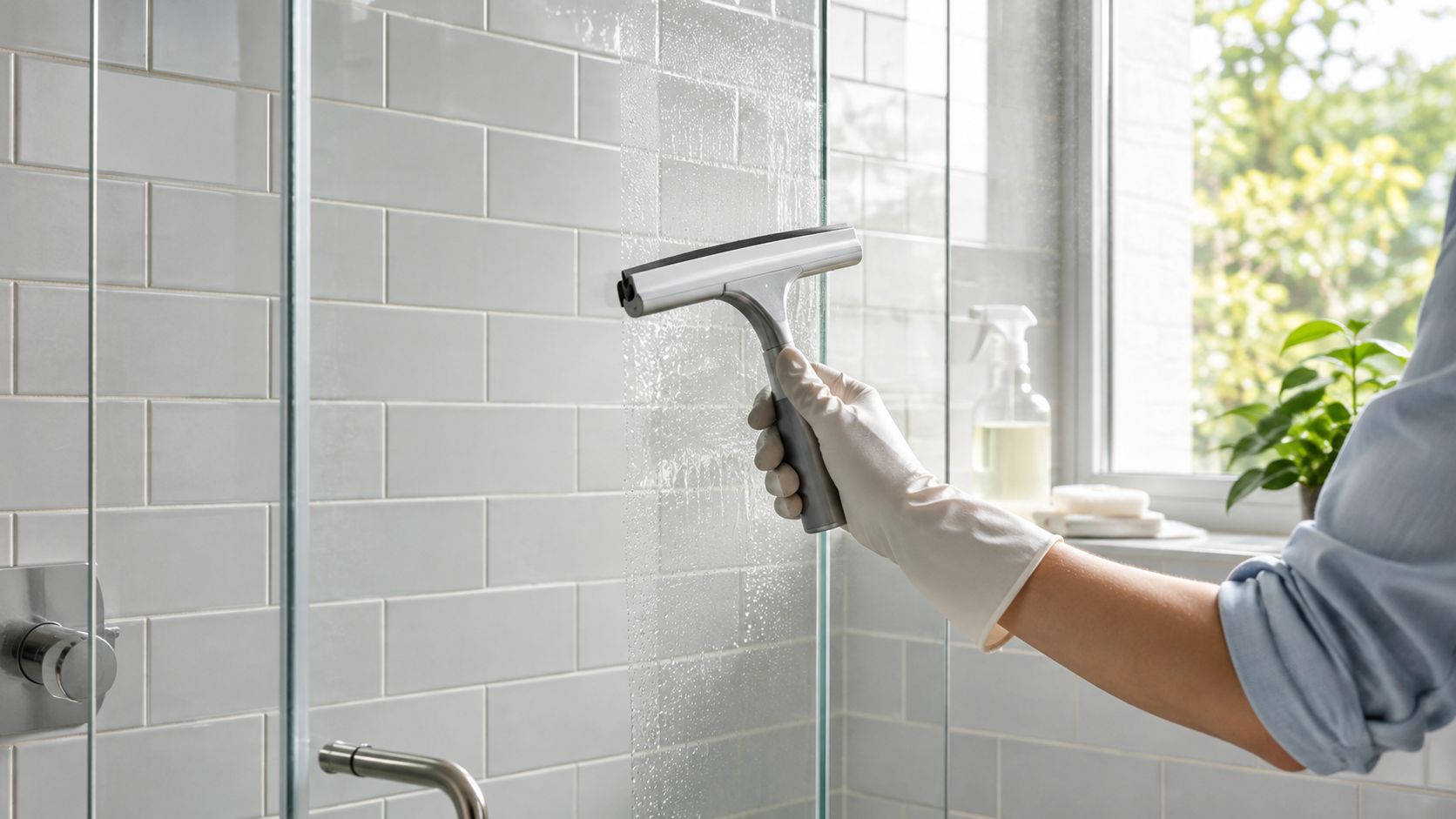 A person wearing a white glove cleans a glass shower screen with a metal squeegee in a bathroom.