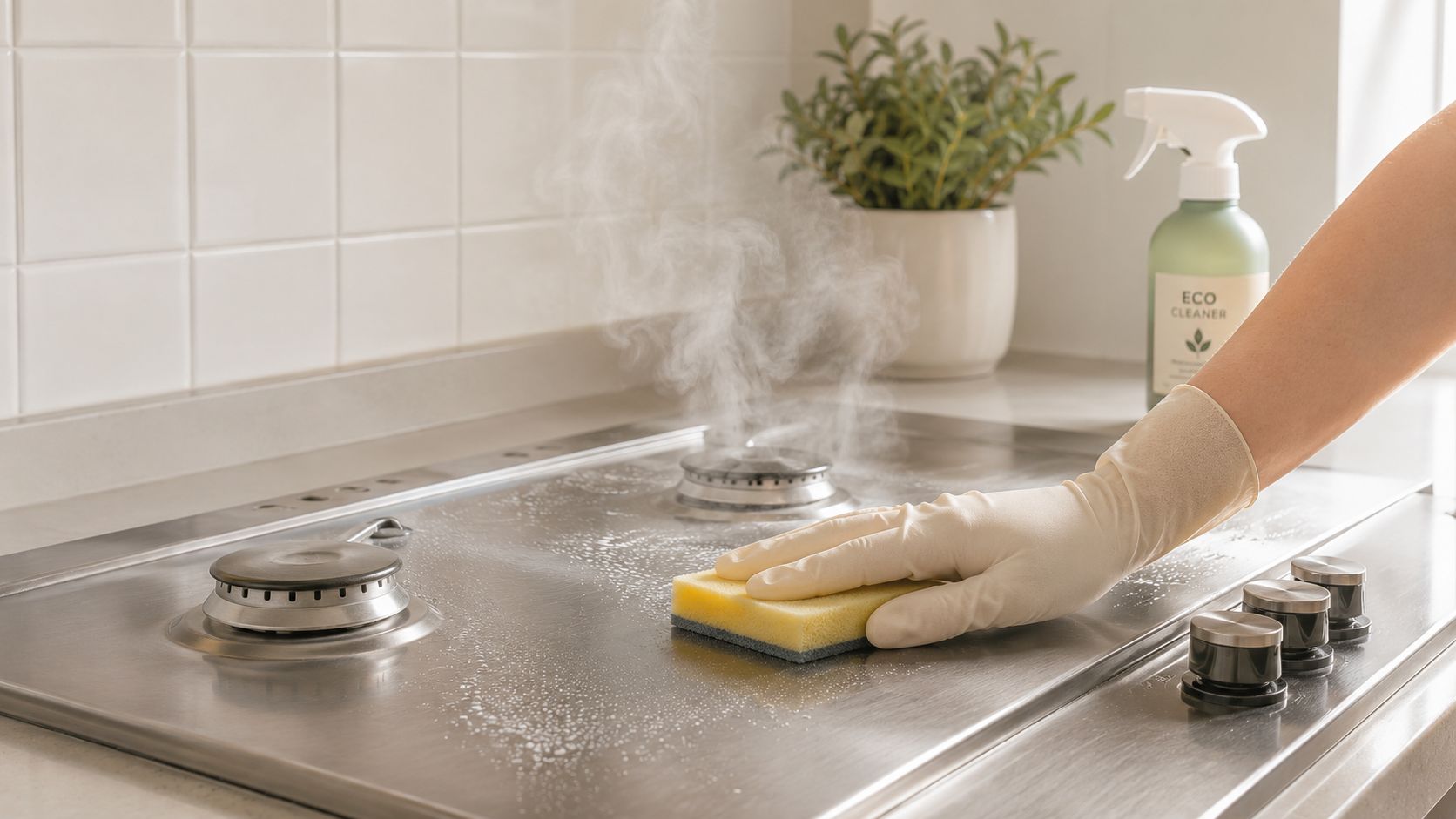 A person wearing a rubber glove cleaning a steaming stainless steel gas stovetop with a yellow sponge.