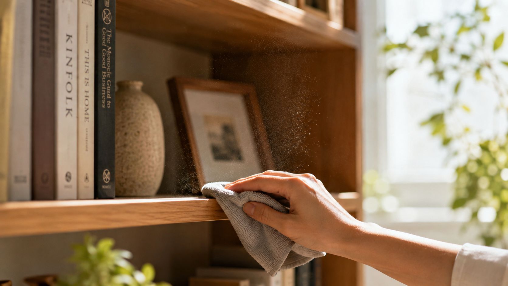 A person wiping a wooden bookshelf with a gray microfiber cloth during home cleaning.