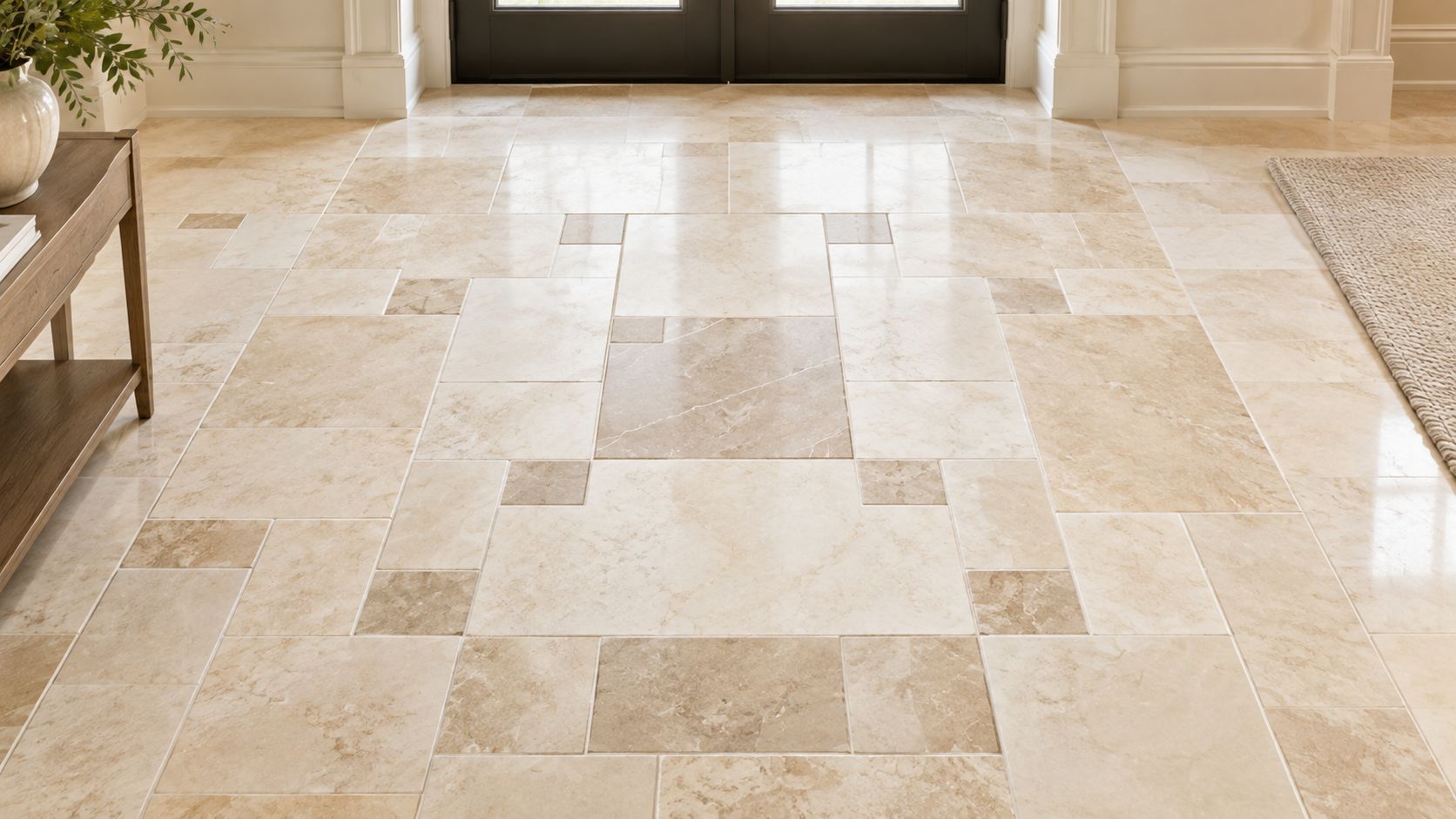 A luxurious entryway featuring an elegant beige natural stone tile installation pattern with decorative inlaid square tiles.