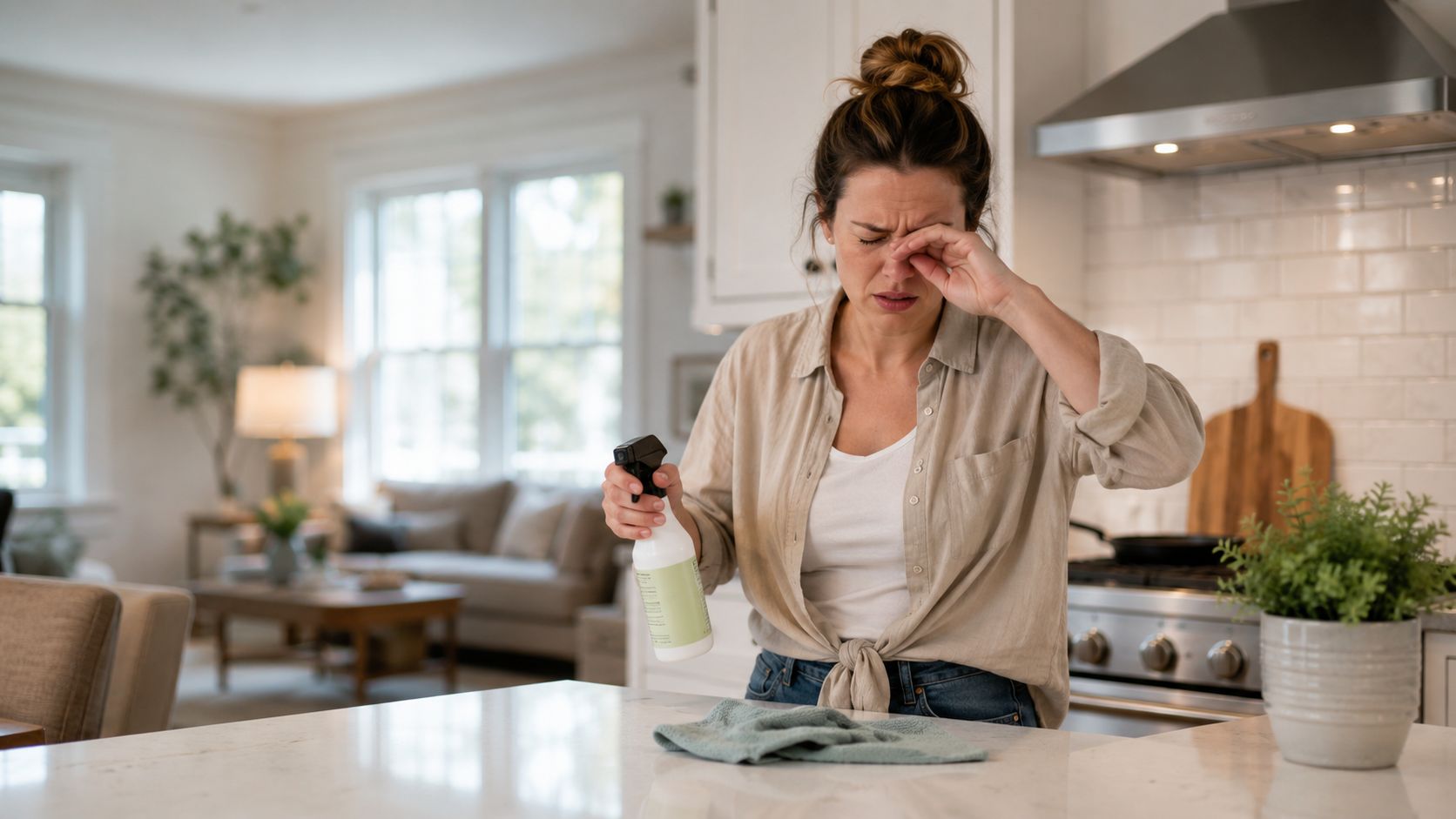 A woman rubbing her eyes in irritation while holding a bottle of cleaning spray in her kitchen.