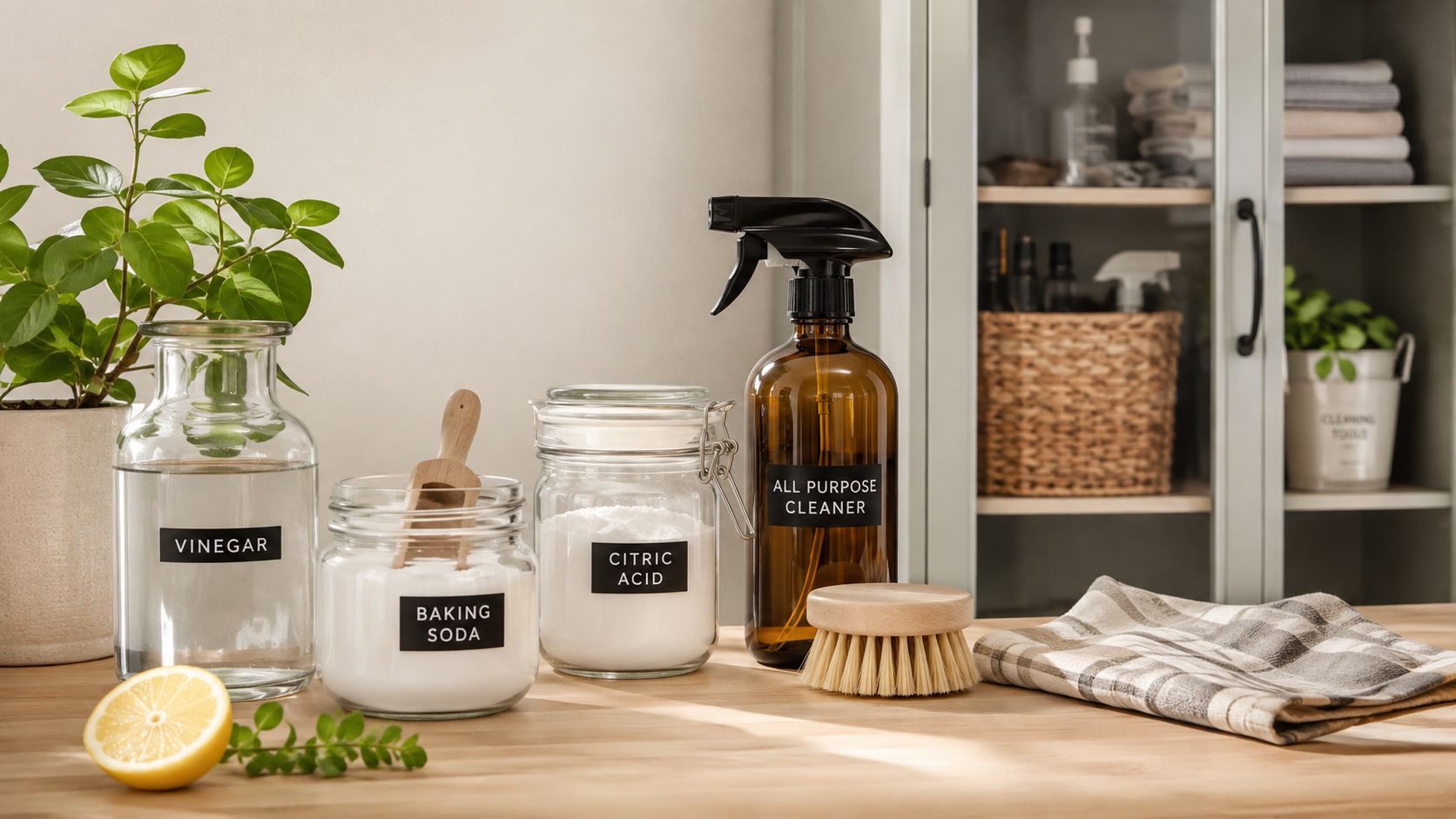 A minimalist setup with jars of natural cleaning ingredients like vinegar, baking soda, and citric acid on wood.