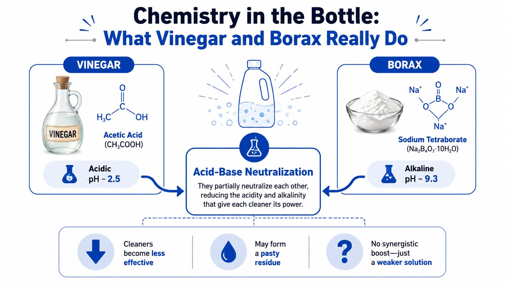 An infographic explaining how mixing acidic vinegar and alkaline borax creates a less effective neutralized solution.