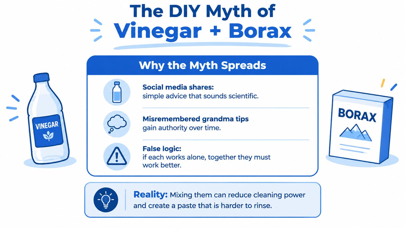 An infographic explaining why mixing vinegar and borax is ineffective for cleaning despite common myths.
