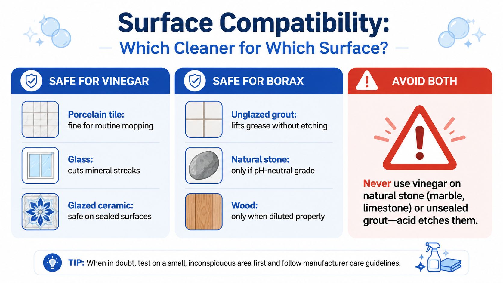 An infographic chart detailing surface compatibility for cleaning with vinegar and borax, including safety warnings.