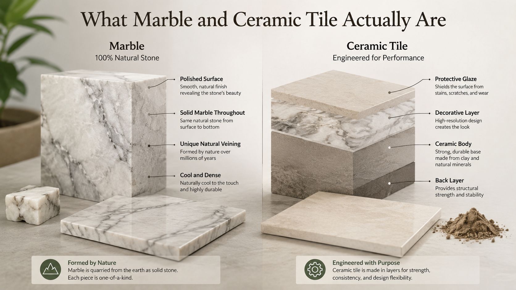 An infographic comparing the composition of natural marble stone with engineered ceramic tile layers.