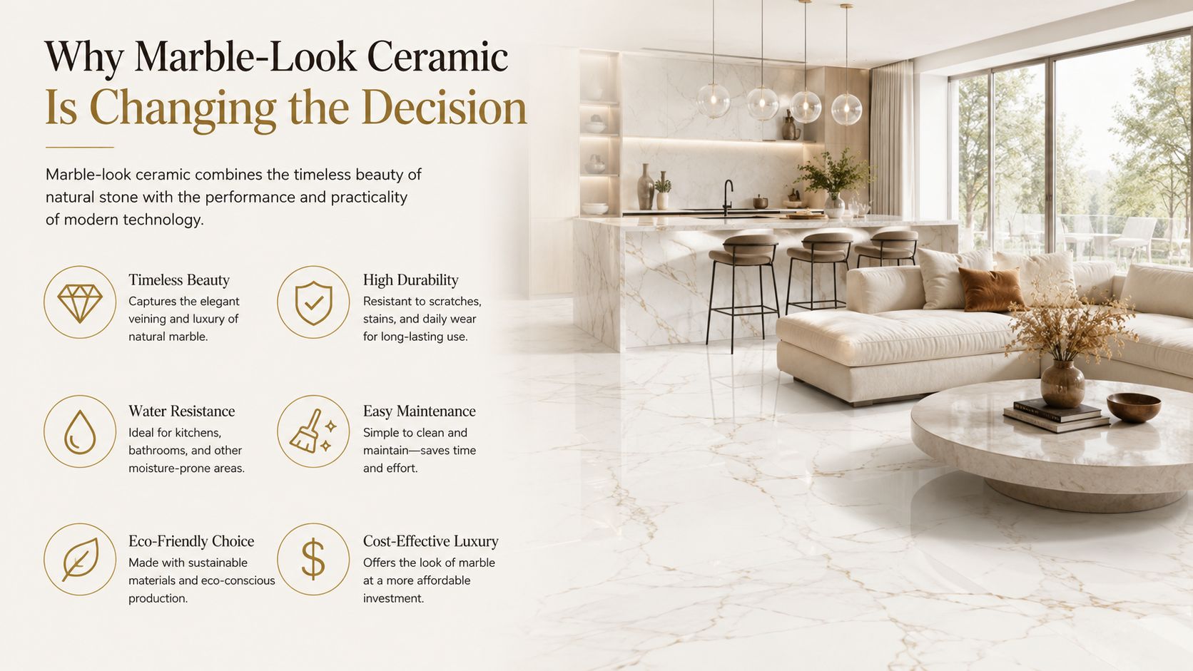 A modern, bright open-plan living room and kitchen featuring elegant marble-look ceramic flooring and countertops.