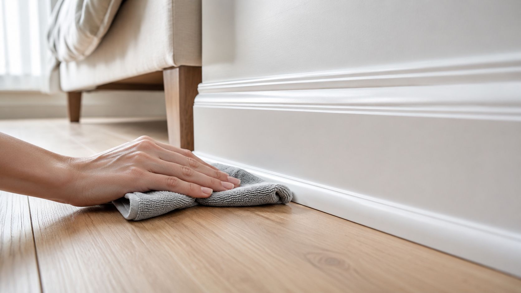 A person cleaning a baseboard near a bed using a grey microfiber cloth on wooden floors.