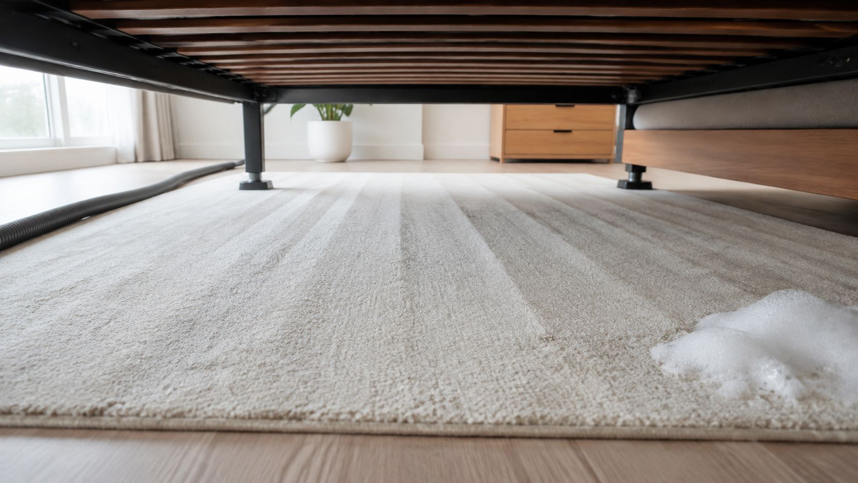 A close up view of soapy cleaning foam being applied to a beige rug under a bed