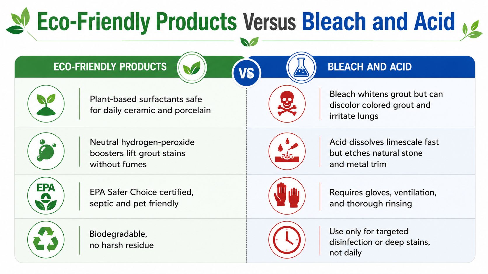 A comparison chart showing benefits of eco-friendly cleaners versus traditional harsh bleach and acid cleaning products.